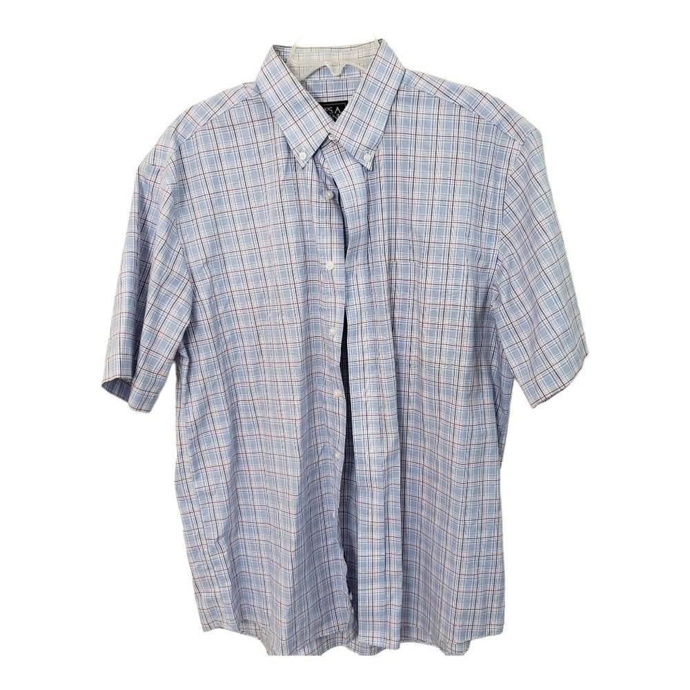 CT452 Jos A Bank Traveller Blue Striped Short Sleeve Shirt L